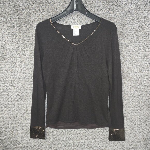 Talbots Top Womens Small Brown Sequined Knit V-Neck Long Sleeve Casual Ladies - Picture 1 of 7